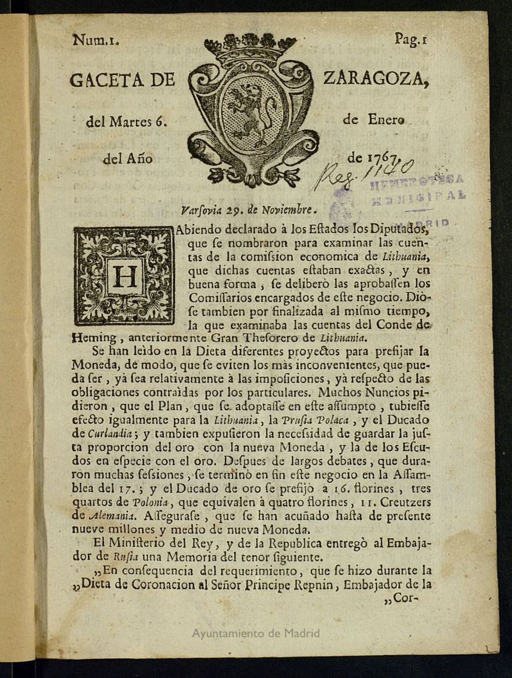 Miniatura de Gazeta de Zaragoza del 6 de enero de 1767
