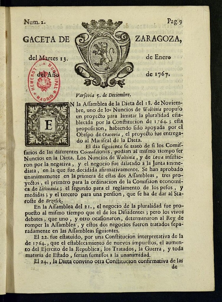 Miniatura de Gazeta de Zaragoza del 13 de enero de 1767