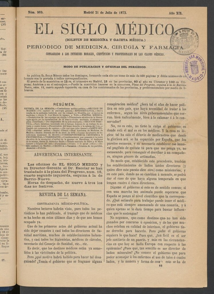 Miniatura de El Siglo Médico: boletín de medicina y gaceta médica del 21 de julio de 1872