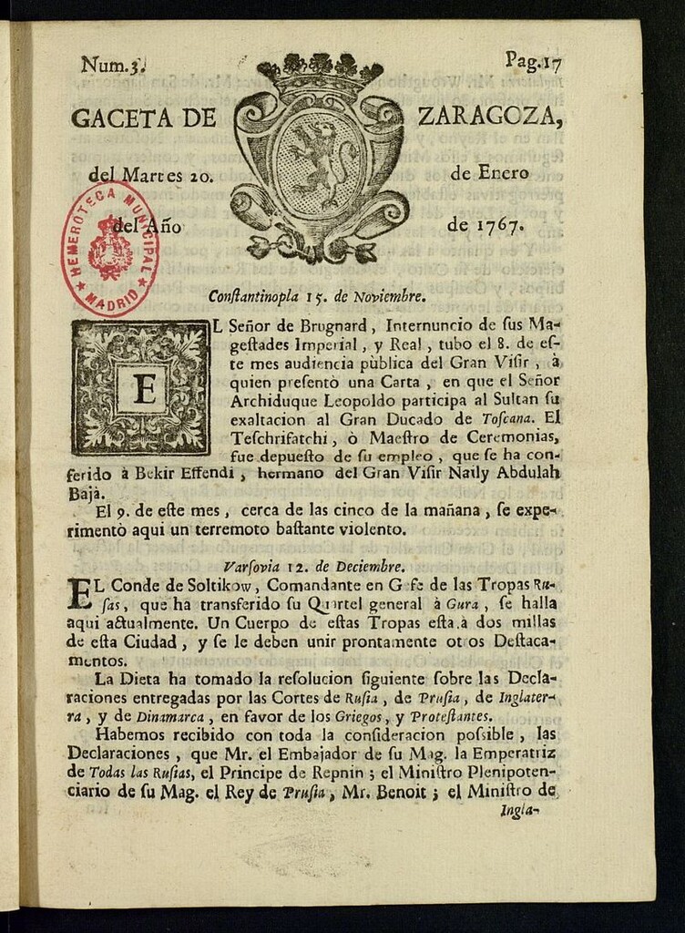 Miniatura de Gazeta de Zaragoza del 20 de enero de 1767