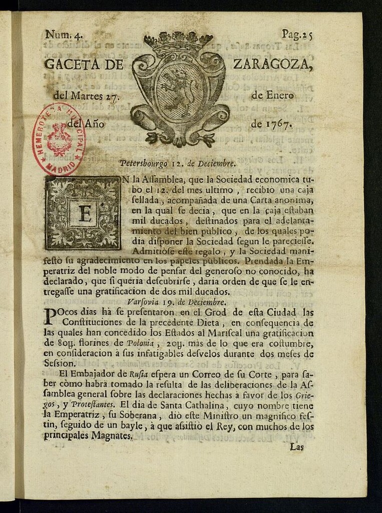 Miniatura de Gazeta de Zaragoza del 27 de enero de 1767