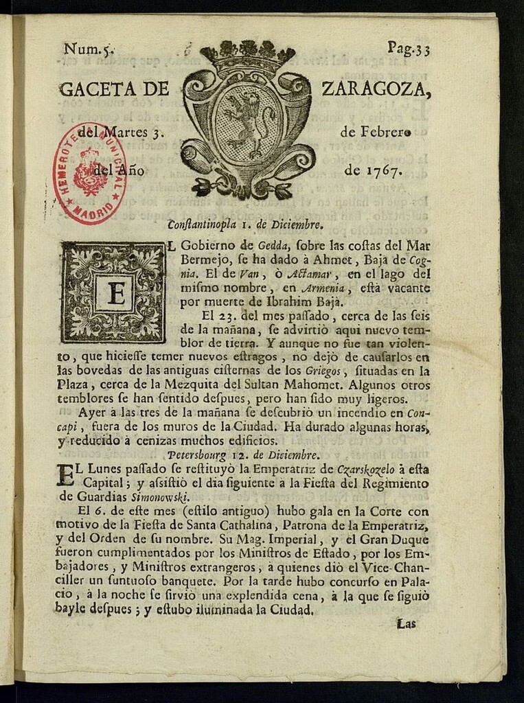 Miniatura de Gazeta de Zaragoza del 3 de febrero de 1767