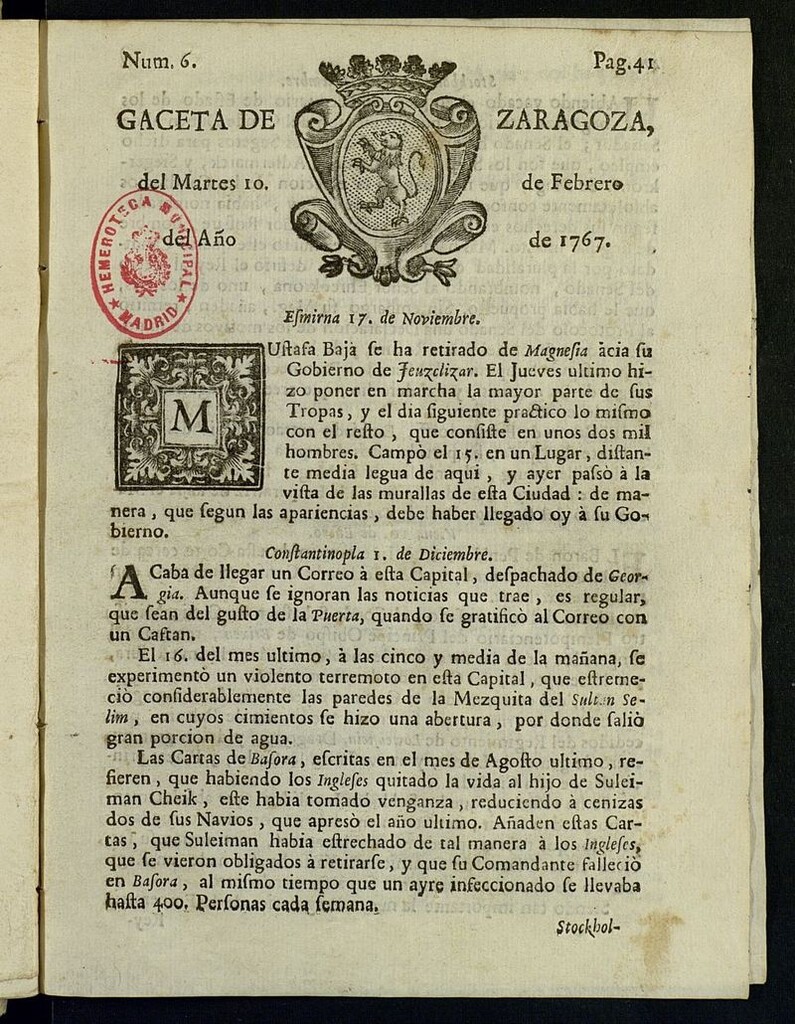 Miniatura de Gazeta de Zaragoza del 10 de febrero de 1767