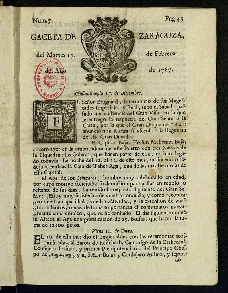 Miniatura de Gazeta de Zaragoza del 17 de febrero de 1767