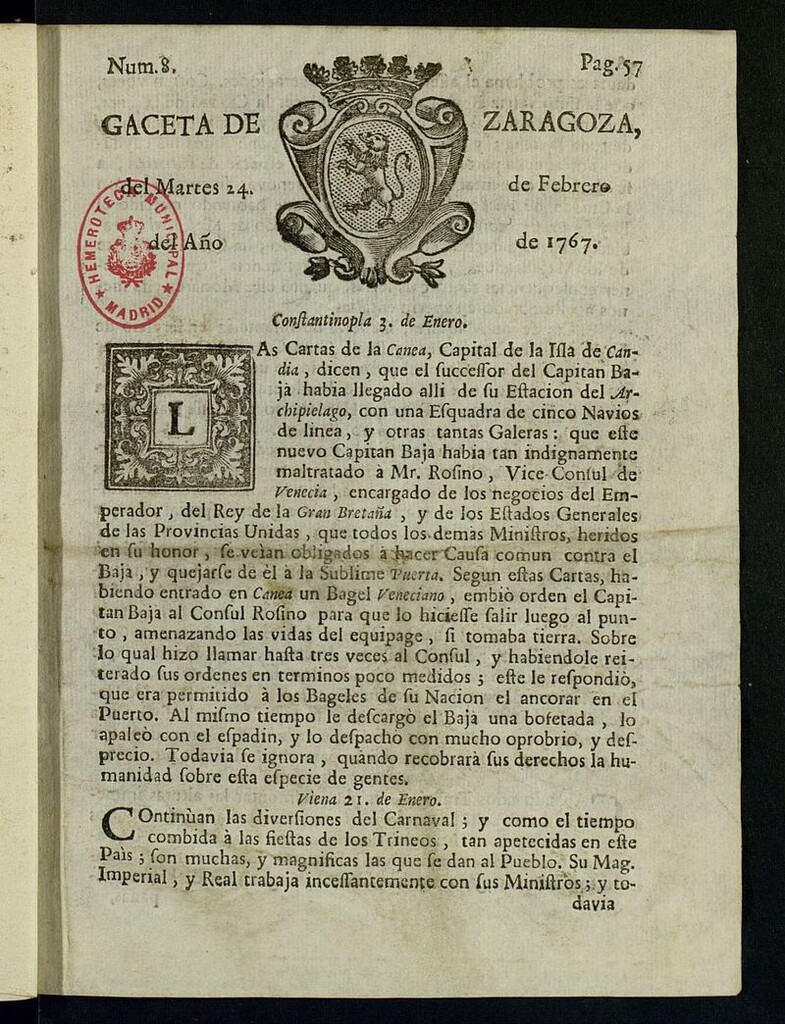 Miniatura de Gazeta de Zaragoza del 24 de febrero de 1767