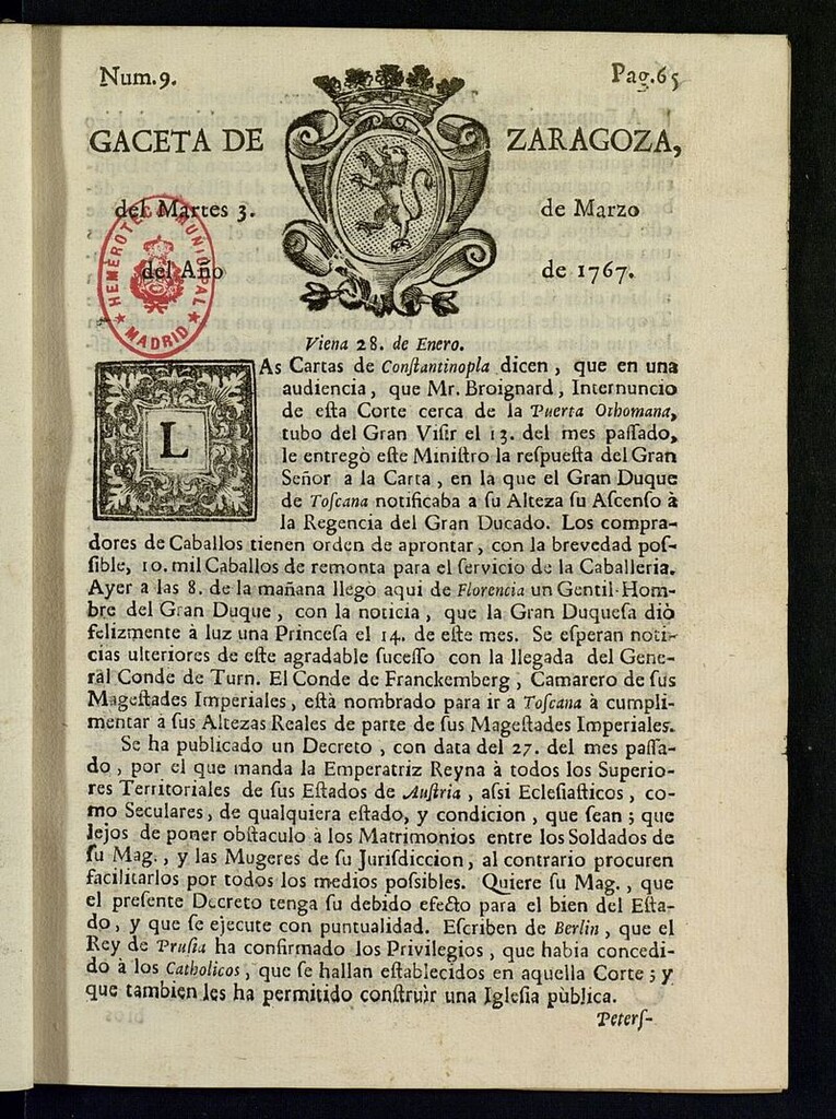 Miniatura de Gazeta de Zaragoza del 3 de marzo de 1767