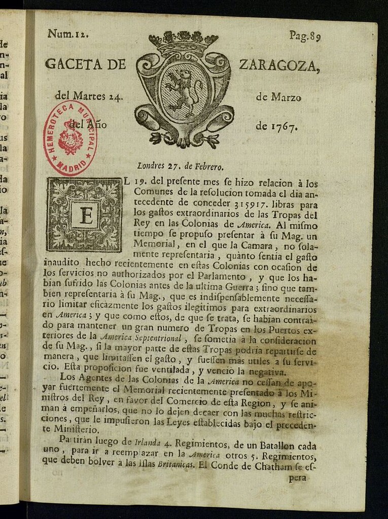 Miniatura de Gazeta de Zaragoza del 24 de marzo de 1767