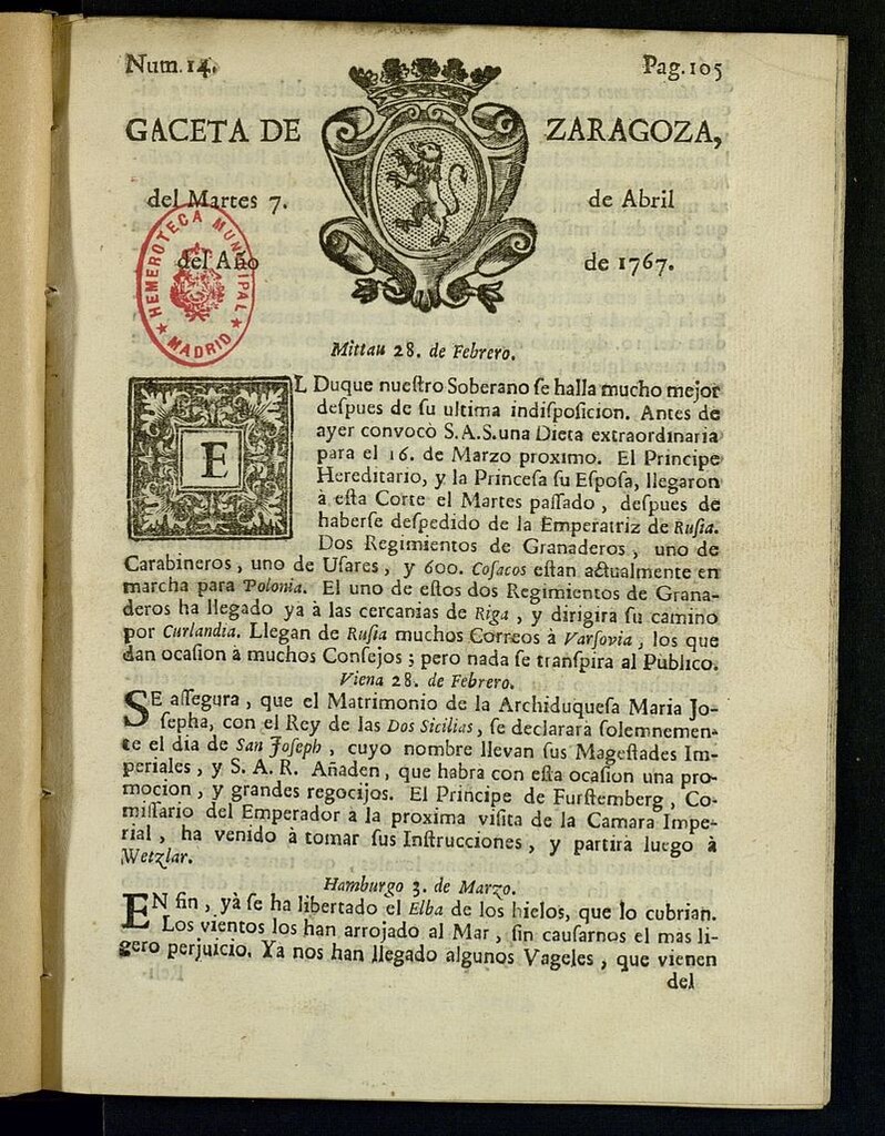 Miniatura de Gazeta de Zaragoza del 7 de abril de 1767