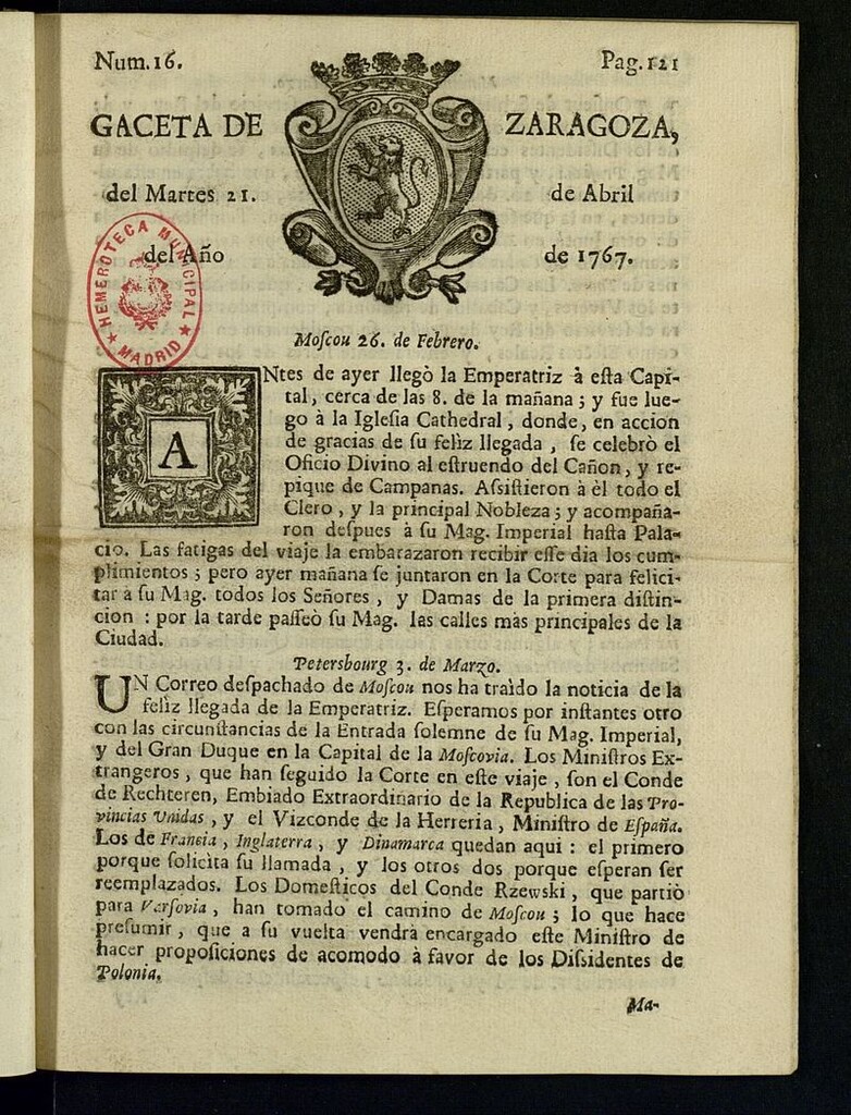 Miniatura de Gazeta de Zaragoza del 21 de abril de 1767