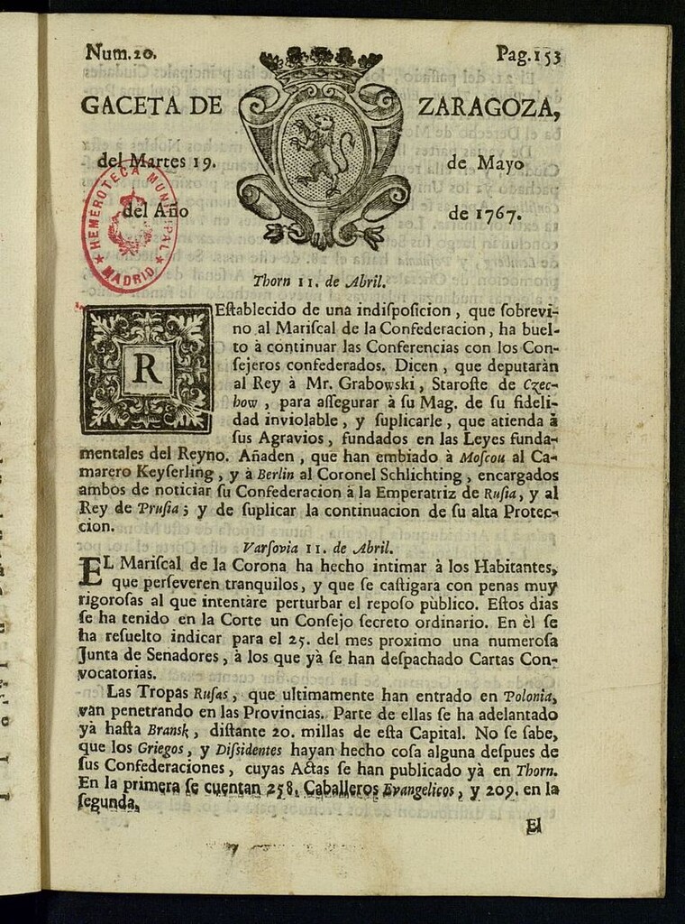 Miniatura de Gazeta de Zaragoza del 19 de mayo de 1767