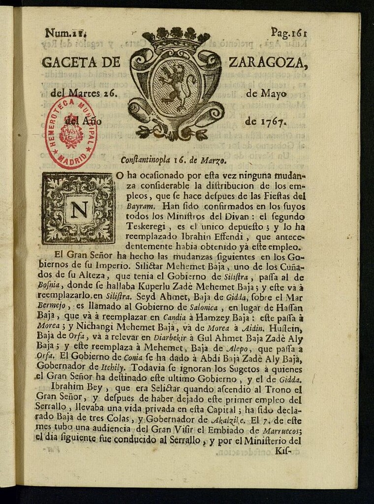 Miniatura de Gazeta de Zaragoza del 26 de mayo de 1767