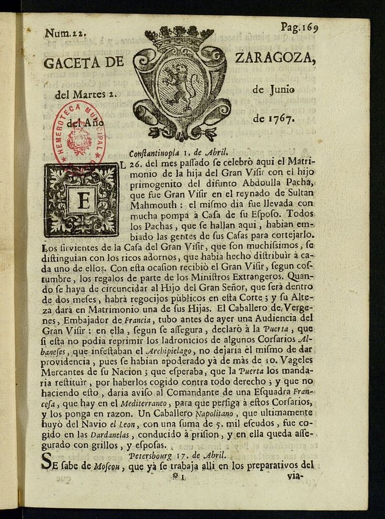 Miniatura de Gazeta de Zaragoza del 2 de junio de 1767