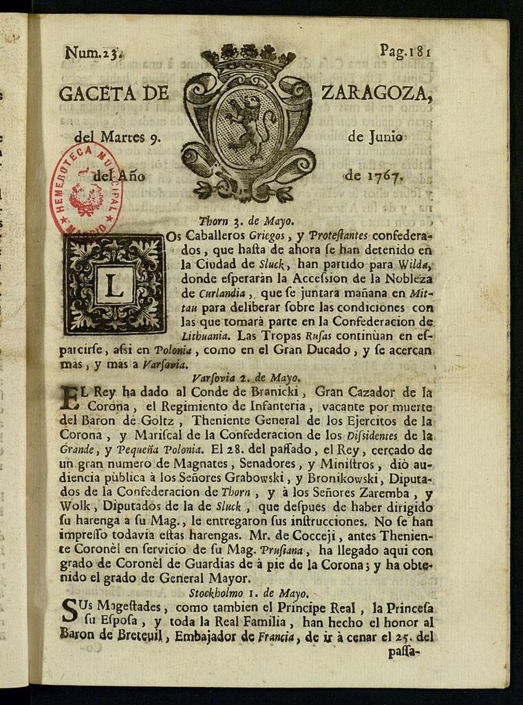 Miniatura de Gazeta de Zaragoza del 9 de junio de 1767