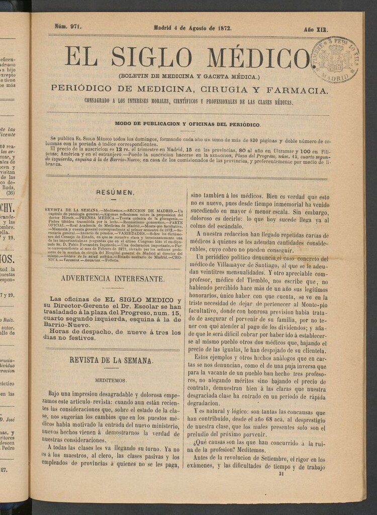 Miniatura de El Siglo Médico: boletín de medicina y gaceta médica del 4 de agosto de 1872