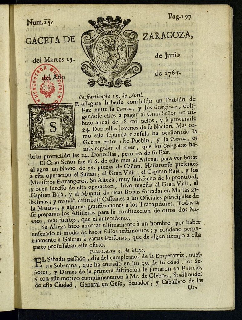 Miniatura de Gazeta de Zaragoza del 23 de junio de 1767