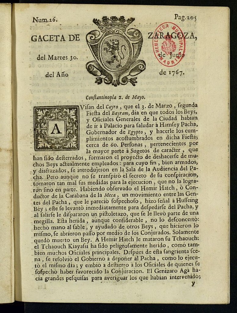 Miniatura de Gazeta de Zaragoza del 30 de junio de 1767
