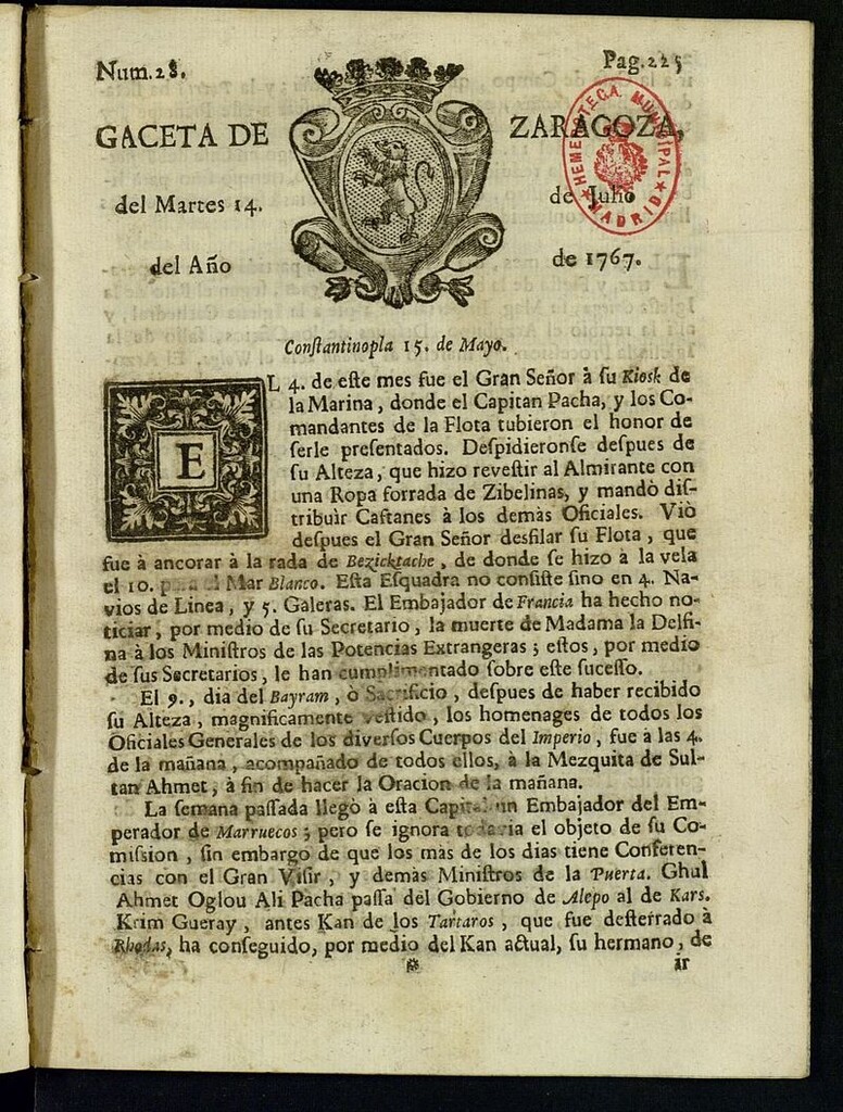 Miniatura de Gazeta de Zaragoza del 14 de julio de 1767