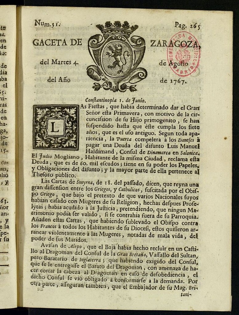 Miniatura de Gazeta de Zaragoza del 4 de agosto de 1767