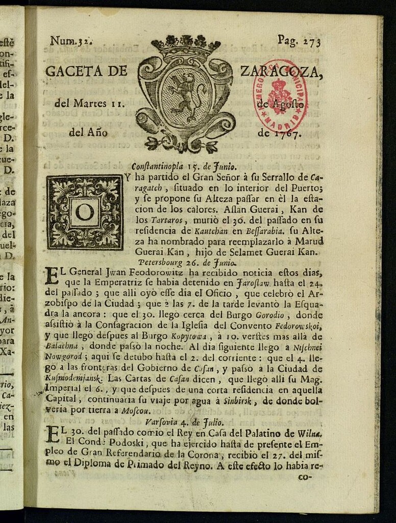 Miniatura de Gazeta de Zaragoza del 11 de agosto de 1767