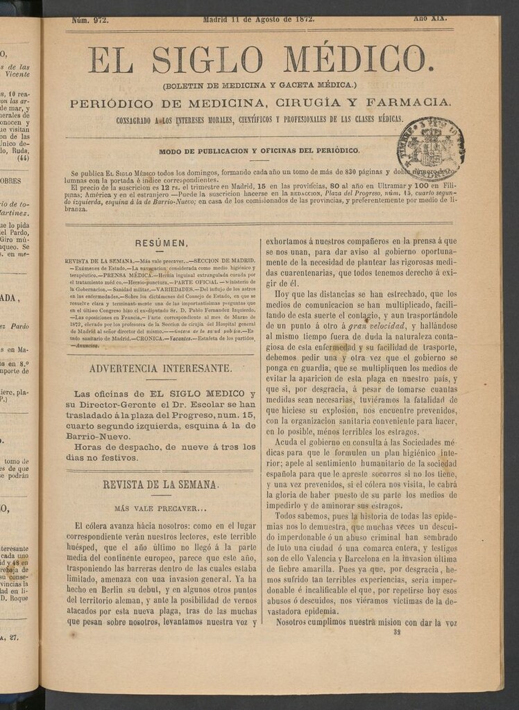 Miniatura de El Siglo Médico: boletín de medicina y gaceta médica del 11 de agosto de 1872