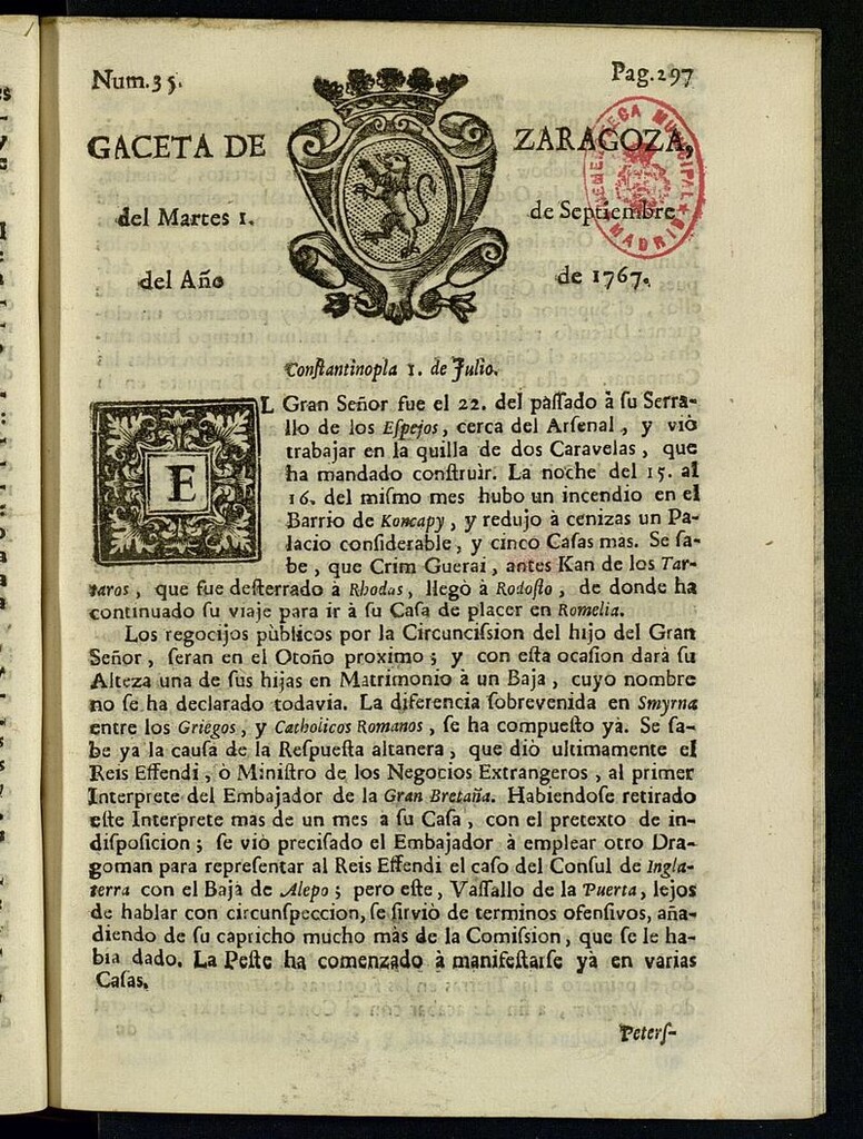 Miniatura de Gazeta de Zaragoza del 1 de septiembre de 1767
