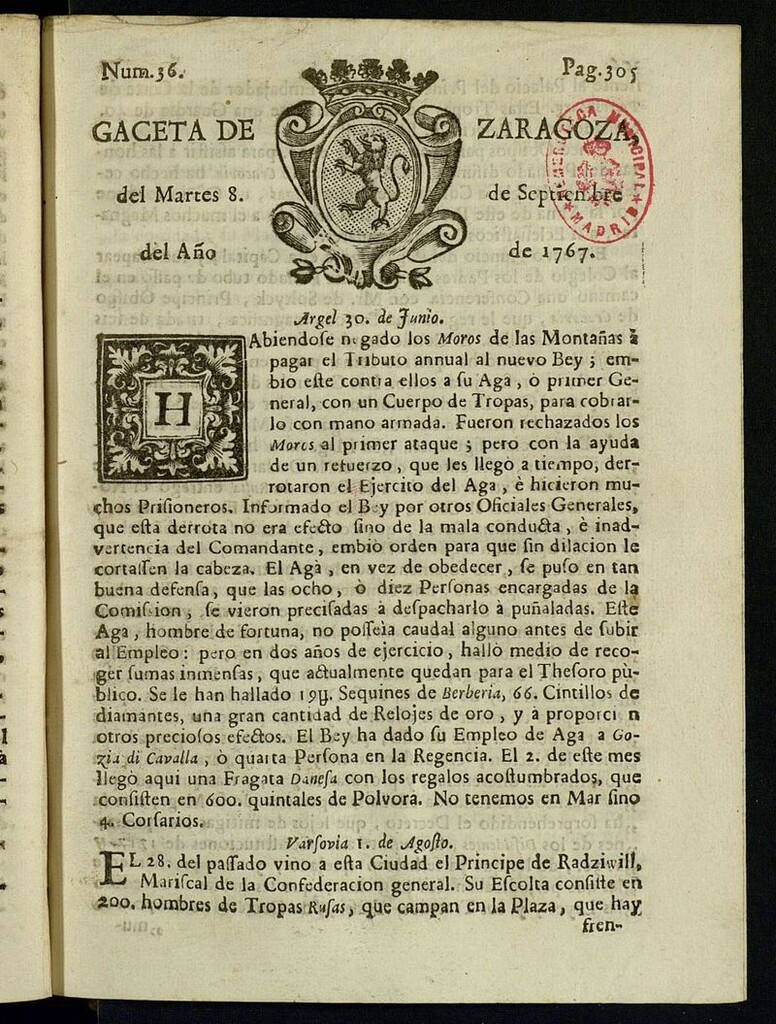 Miniatura de Gazeta de Zaragoza del 8 de septiembre de 1767