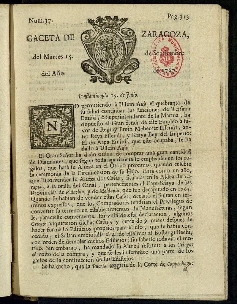 Miniatura de Gazeta de Zaragoza del 15 de septiembre de 1767