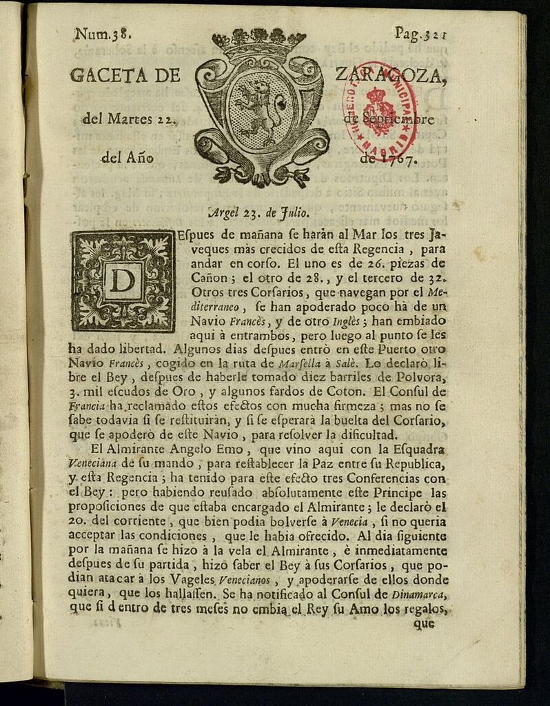 Miniatura de Gazeta de Zaragoza del 22 de septiembre de 1767