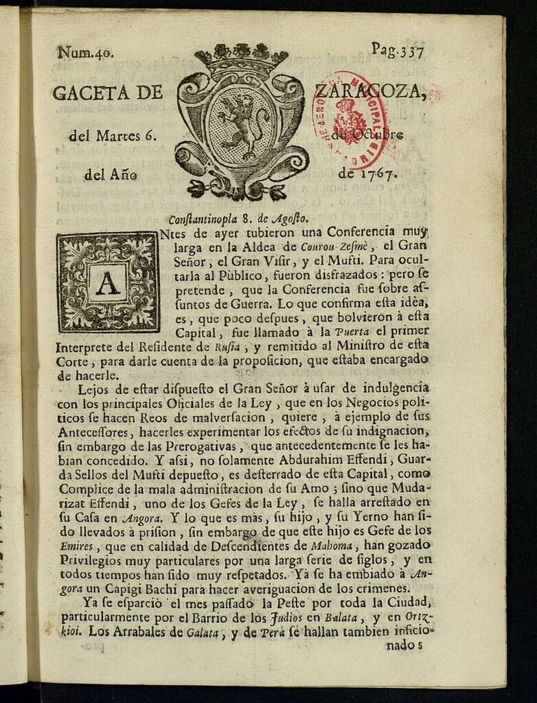 Miniatura de Gazeta de Zaragoza del 6 de octubre de 1767