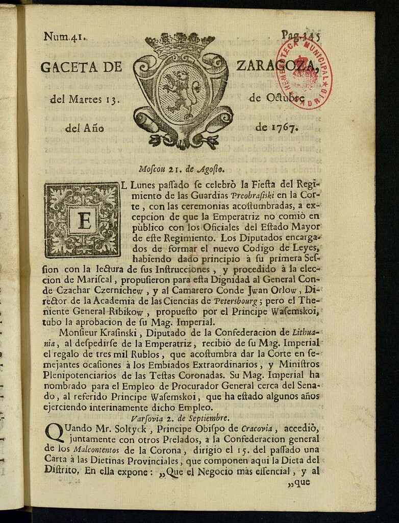 Miniatura de Gazeta de Zaragoza del 13 de octubre de 1767