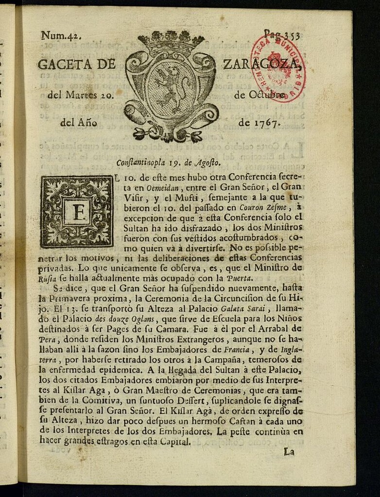 Miniatura de Gazeta de Zaragoza del 20 de octubre de 1767