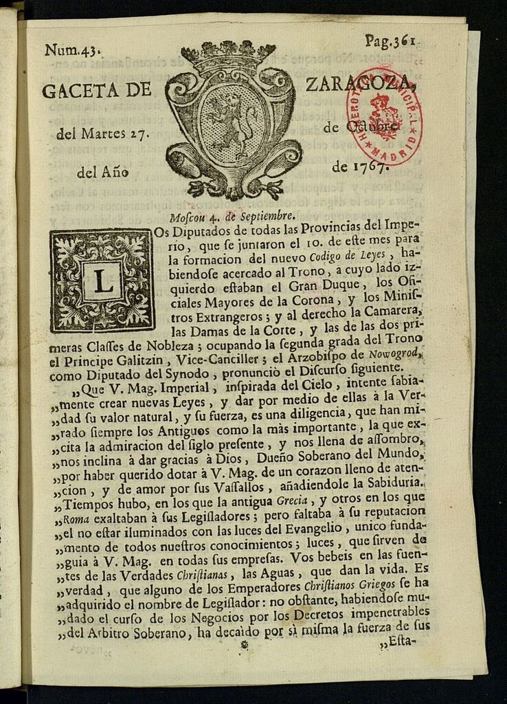 Miniatura de Gazeta de Zaragoza del 27 de octubre de 1767