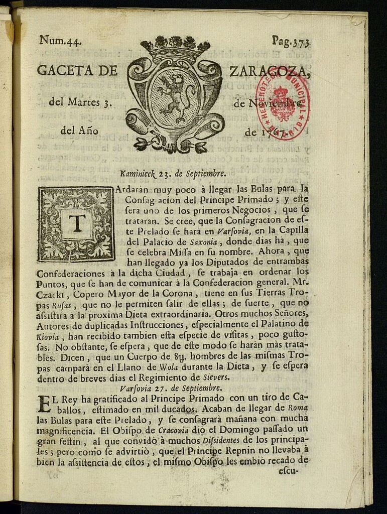 Miniatura de Gazeta de Zaragoza del 3 de noviembre de 1767