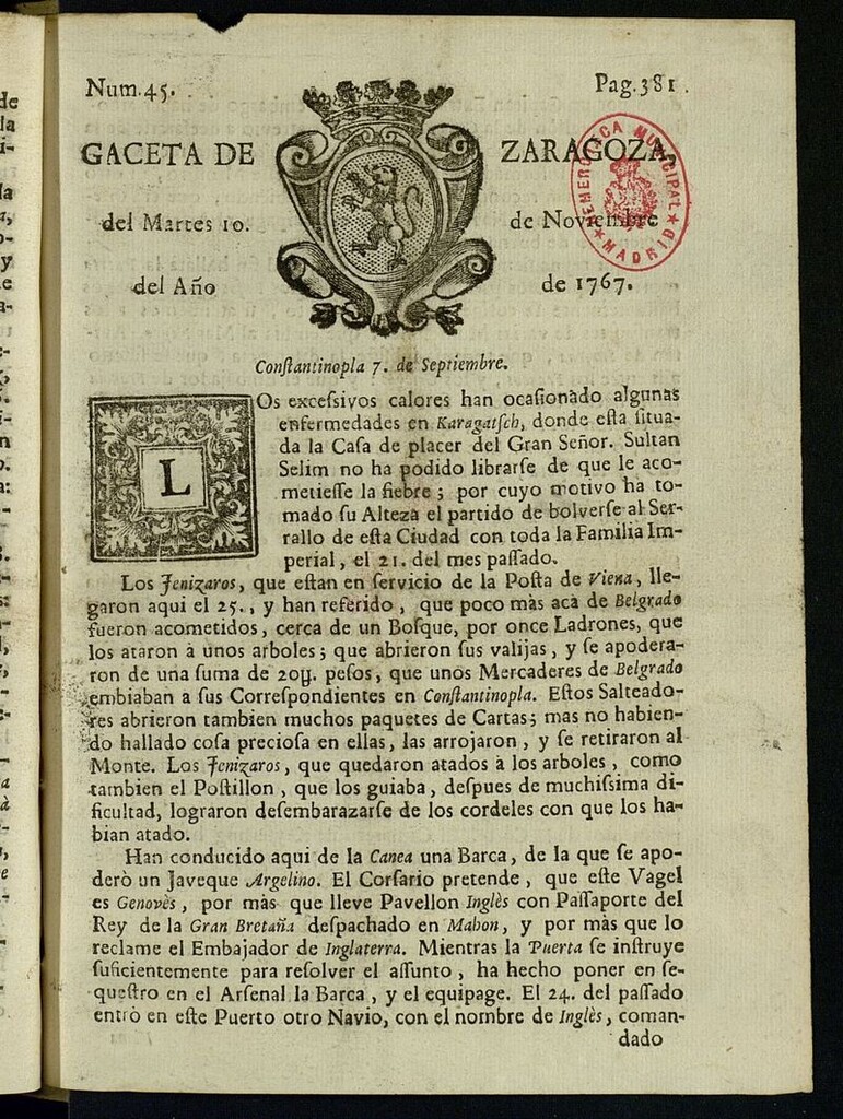 Miniatura de Gazeta de Zaragoza del 10 de noviembre de 1767