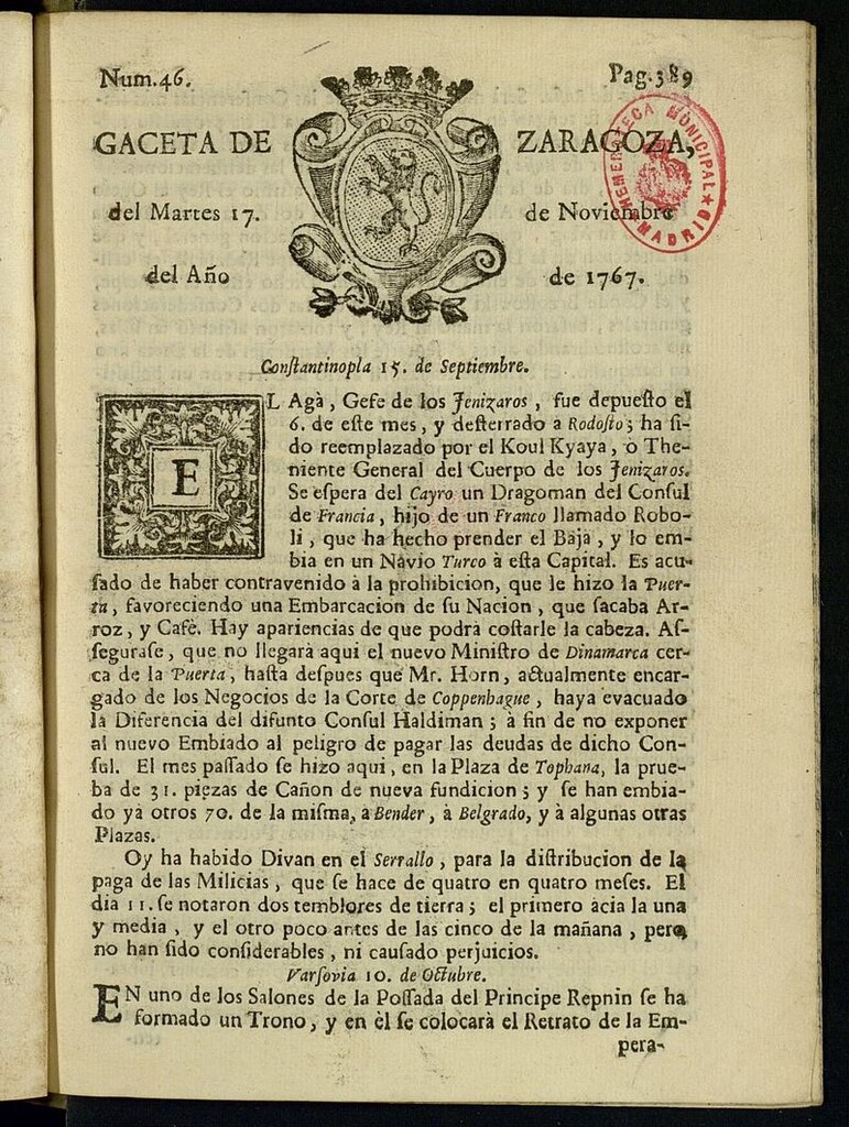 Miniatura de Gazeta de Zaragoza del 17 de noviembre de 1767