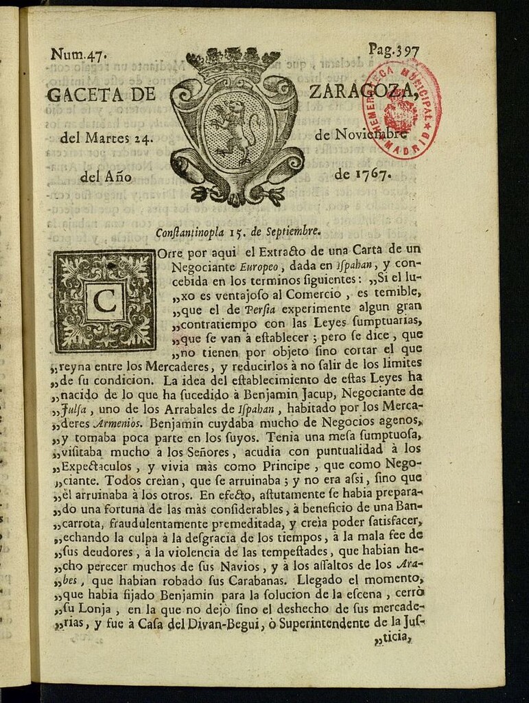 Miniatura de Gazeta de Zaragoza del 24 de noviembre de 1767