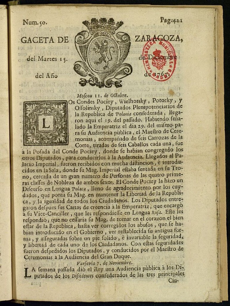 Miniatura de Gazeta de Zaragoza del 15 de diciembre de 1767