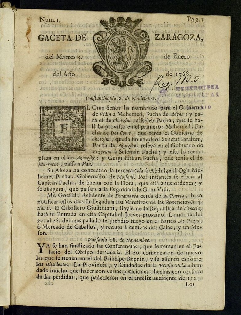 Miniatura de Gazeta de Zaragoza del 5 de enero de 1768