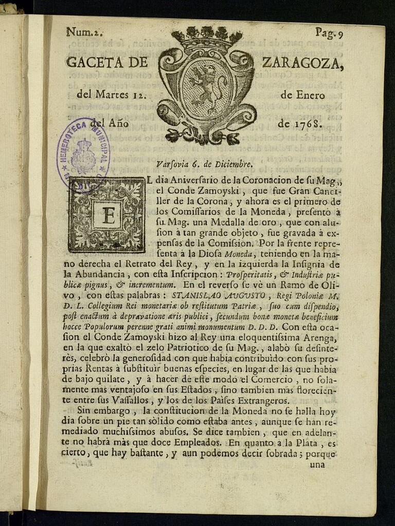 Miniatura de Gazeta de Zaragoza del 12 de enero de 1768