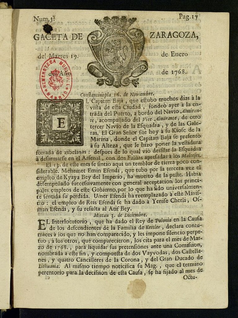 Miniatura de Gazeta de Zaragoza del 19 de enero de 1768