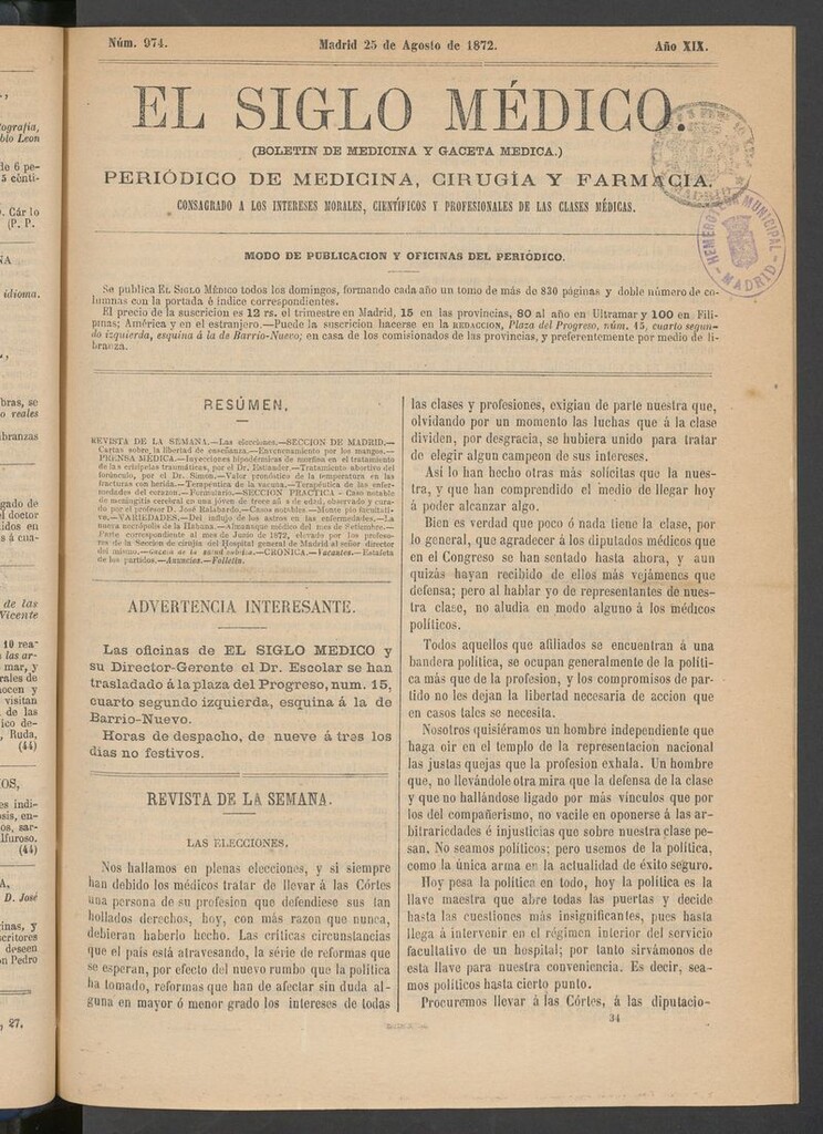 Miniatura de El Siglo Médico: boletín de medicina y gaceta médica del 25 de agosto de 1872