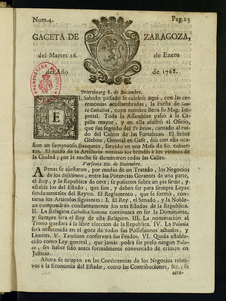 Miniatura de Gazeta de Zaragoza del 26 de enero de 1768