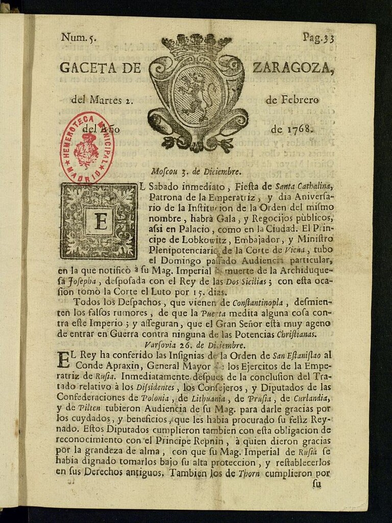 Miniatura de Gazeta de Zaragoza del 2 de febrero de 1768