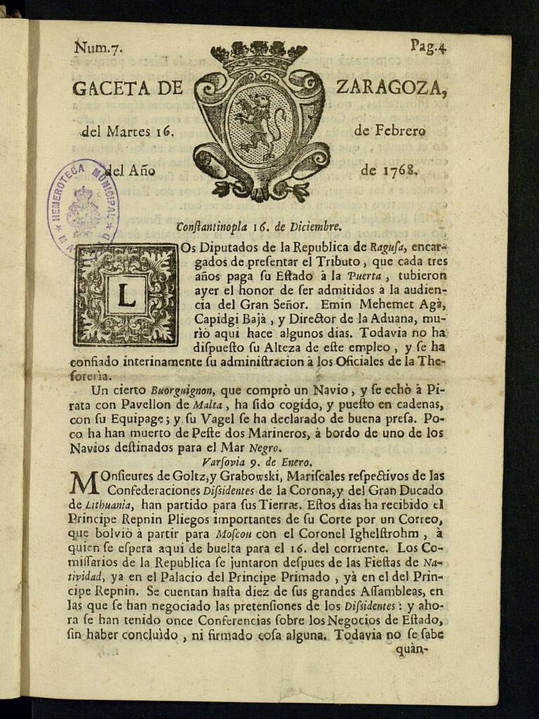 Miniatura de Gazeta de Zaragoza del 16 de febrero de 1768