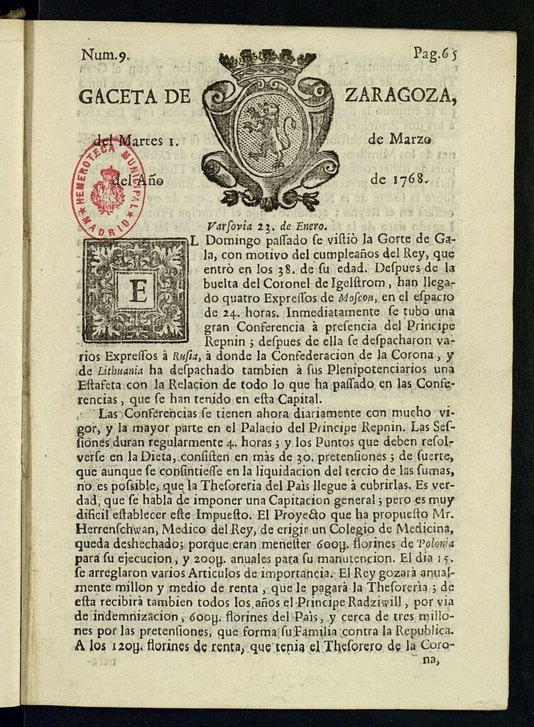 Miniatura de Gazeta de Zaragoza del 1 de marzo de 1768