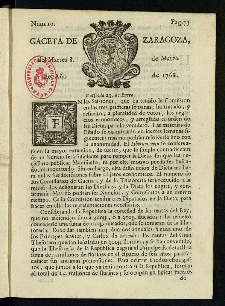Miniatura de Gazeta de Zaragoza del 8 de marzo de 1768