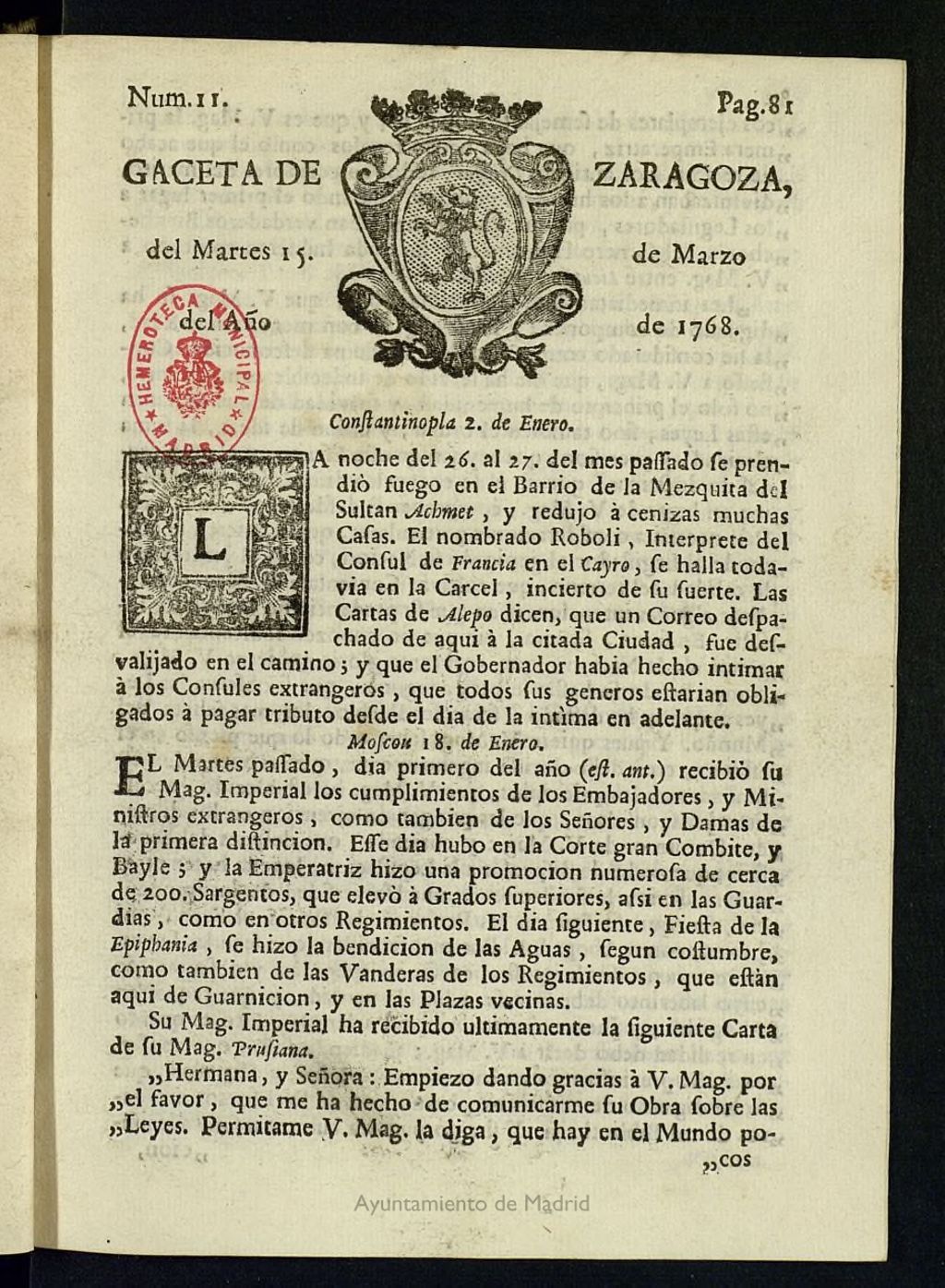 Miniatura de Gazeta de Zaragoza del 15 de marzo de 1768