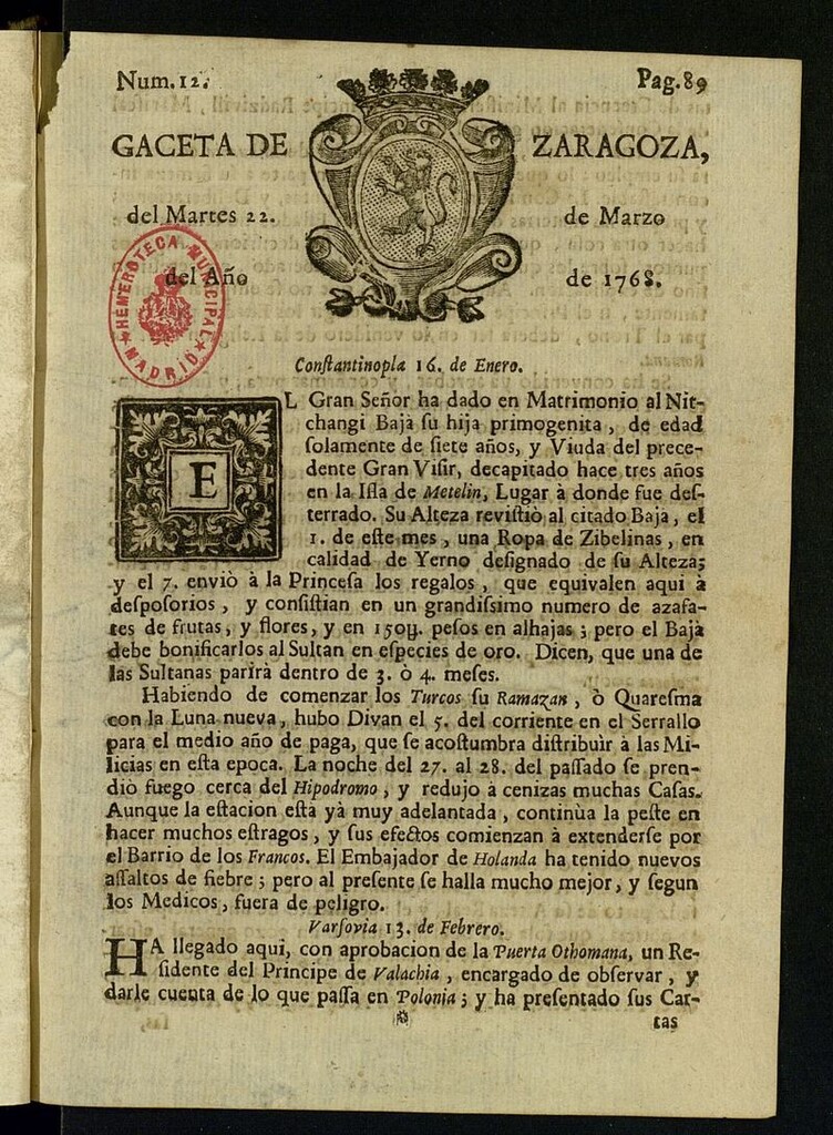 Miniatura de Gazeta de Zaragoza del 22 de marzo de 1768