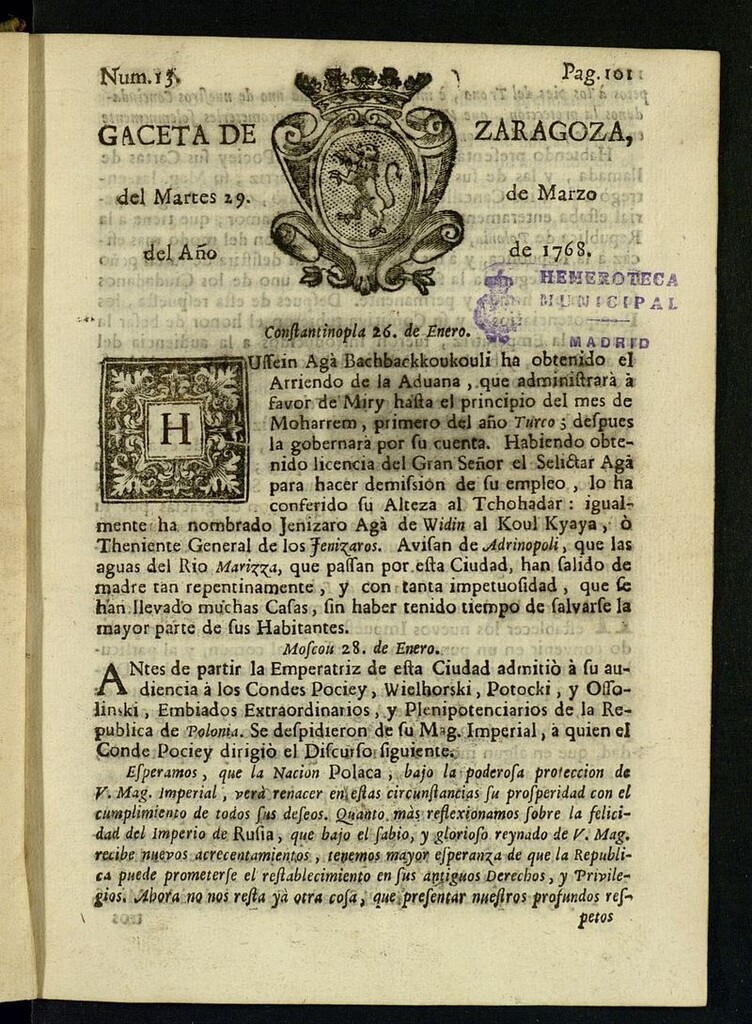 Miniatura de Gazeta de Zaragoza del 29 de marzo de 1768