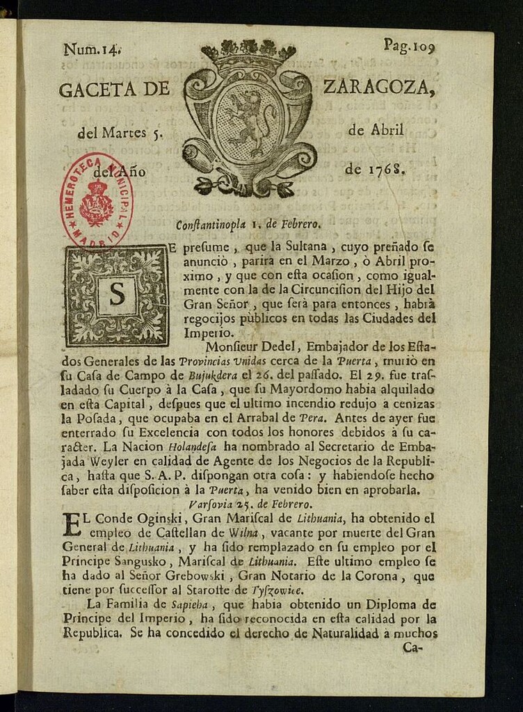 Miniatura de Gazeta de Zaragoza del 5 de abril de 1768